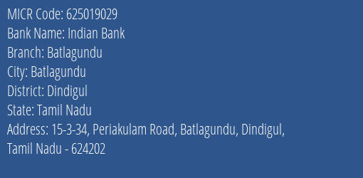 Indian Bank Batlagundu Branch Address Details and MICR Code 625019029