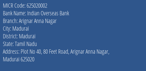 Indian Overseas Bank Arignar Anna Nagar MICR Code