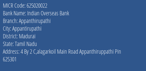 Indian Overseas Bank Appanthirupathi MICR Code