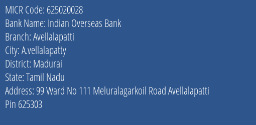 Indian Overseas Bank Avellalapatti MICR Code