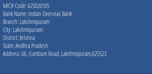 Indian Overseas Bank Lakshmipuram MICR Code