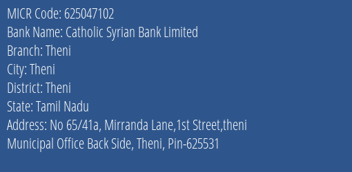 Catholic Syrian Bank Limited Theni MICR Code