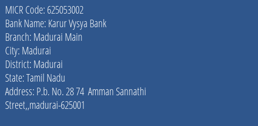 Karur Vysya Bank Madurai Main MICR Code