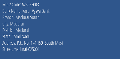 Karur Vysya Bank Madurai South MICR Code