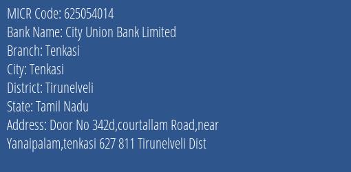 City Union Bank Limited Tenkasi MICR Code