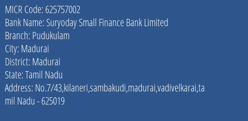 Suryoday Small Finance Bank Limited Pudukulam MICR Code