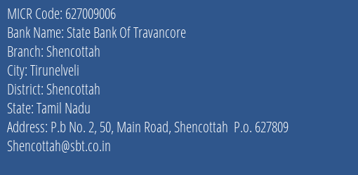 State Bank Of Travancore Shencottah MICR Code