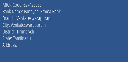 Pandyan Grama Bank Venkateswarapuram Branch Address Details and MICR Code 627423083