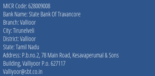 State Bank Of Travancore Vallioor MICR Code
