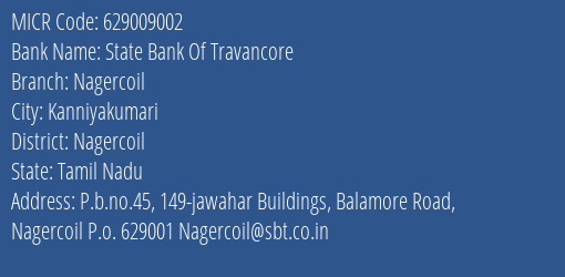 State Bank Of Travancore Nagercoil MICR Code