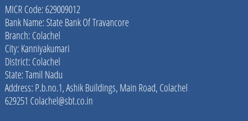 State Bank Of Travancore Colachel MICR Code