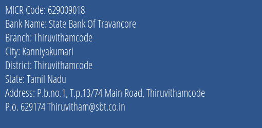 State Bank Of Travancore Thiruvithamcode MICR Code