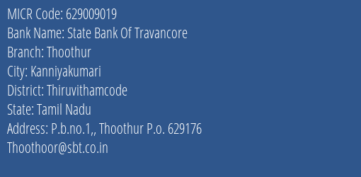 State Bank Of Travancore Thoothur MICR Code