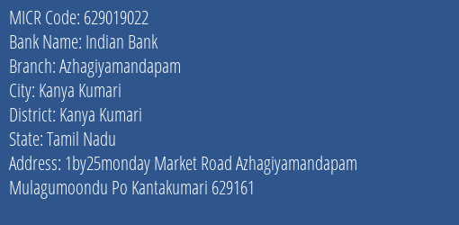 Indian Bank Azhagiyamandapam MICR Code