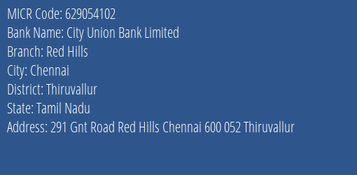 City Union Bank Limited Red Hills MICR Code