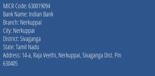 Indian Bank Nerkuppai MICR Code