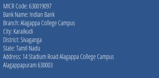Indian Bank Alagappa College Campus MICR Code