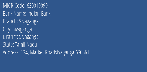 Indian Bank Sivaganga MICR Code