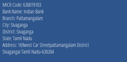 Indian Bank Pattamangalam MICR Code