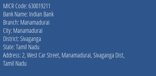 Indian Bank Manamadurai MICR Code