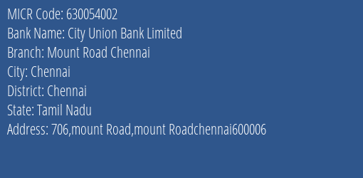 City Union Bank Limited Mount Road Chennai MICR Code