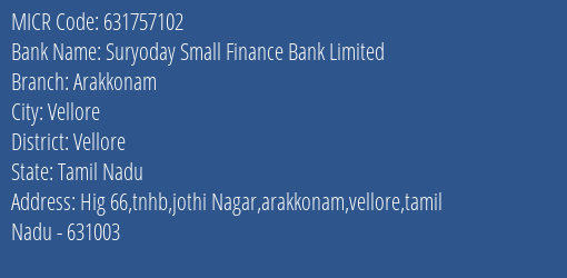 Suryoday Small Finance Bank Limited Arakkonam MICR Code