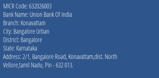 Union Bank Of India Konavattam Branch MICR Code 632026003