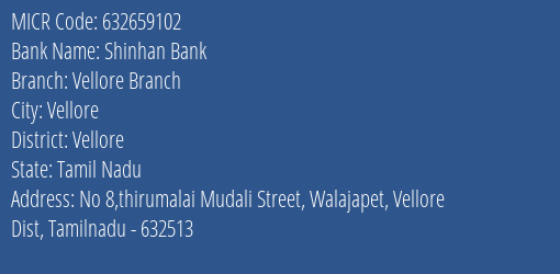 Shinhan Bank Vellore Branch MICR Code