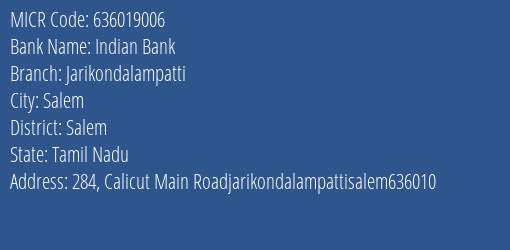 Indian Bank Jarikondalampatti MICR Code