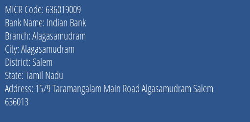 Indian Bank Alagasamudram MICR Code