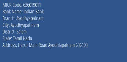 Indian Bank Ayodhyapatnam MICR Code