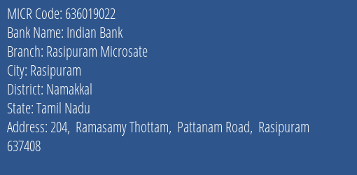 Indian Bank Rasipuram Microsate MICR Code