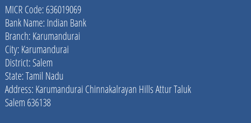 Indian Bank Karumandurai MICR Code