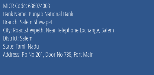 Punjab National Bank Salem Shevapet Branch Address Details and MICR Code 636024003