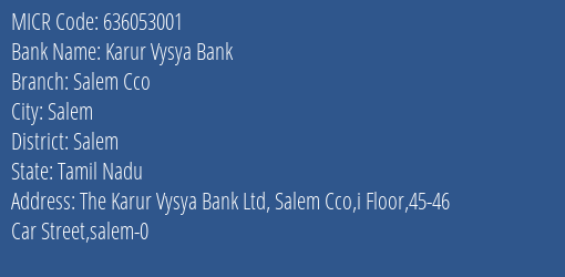 Karur Vysya Bank Salem Cco MICR Code