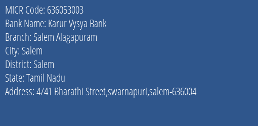 Karur Vysya Bank Salem Alagapuram MICR Code