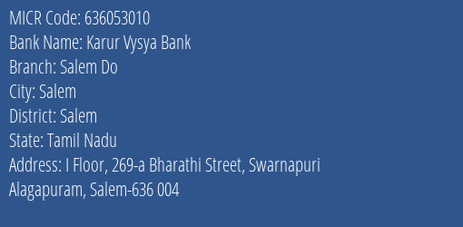Karur Vysya Bank Salem Do MICR Code