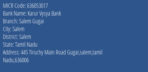 Karur Vysya Bank Salem Gugai MICR Code