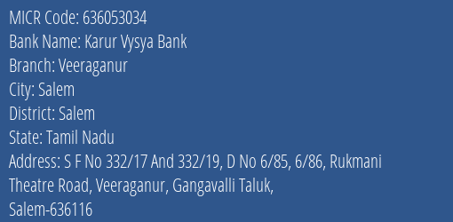Karur Vysya Bank Veeraganur MICR Code