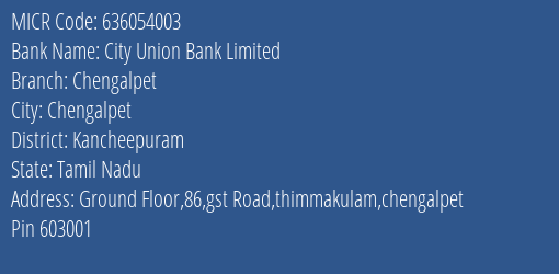 City Union Bank Limited Chengalpet MICR Code