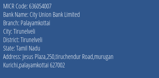 City Union Bank Limited Palayamkottai MICR Code