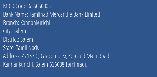 Tamilnad Mercantile Bank Limited Kannankurichi MICR Code