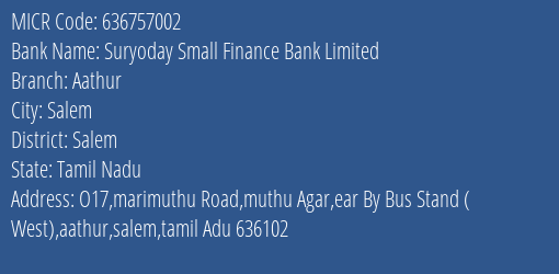 Suryoday Small Finance Bank Limited Aathur MICR Code