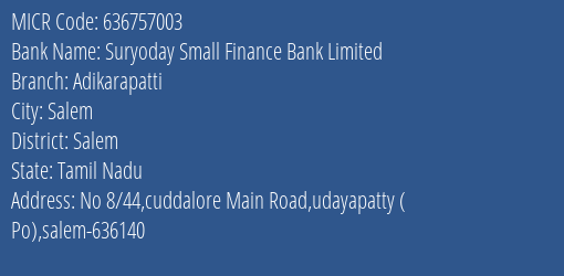 Suryoday Small Finance Bank Limited Adikarapatti MICR Code