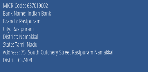 Indian Bank Mcb Namakkal MICR Code
