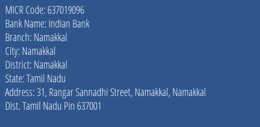 Indian Bank Namakkal MICR Code