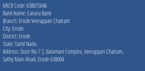 Canara Bank Erode Veerappan Chatram Branch Address Details and MICR Code 638015046