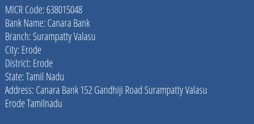 Canara Bank Surampatty Valasu Branch Address Details and MICR Code 638015048