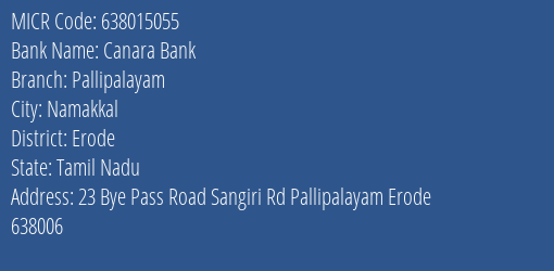 Canara Bank Pallipalayam Branch Address Details and MICR Code 638015055