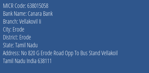 Canara Bank Vellakovil Ii Branch Address Details and MICR Code 638015058